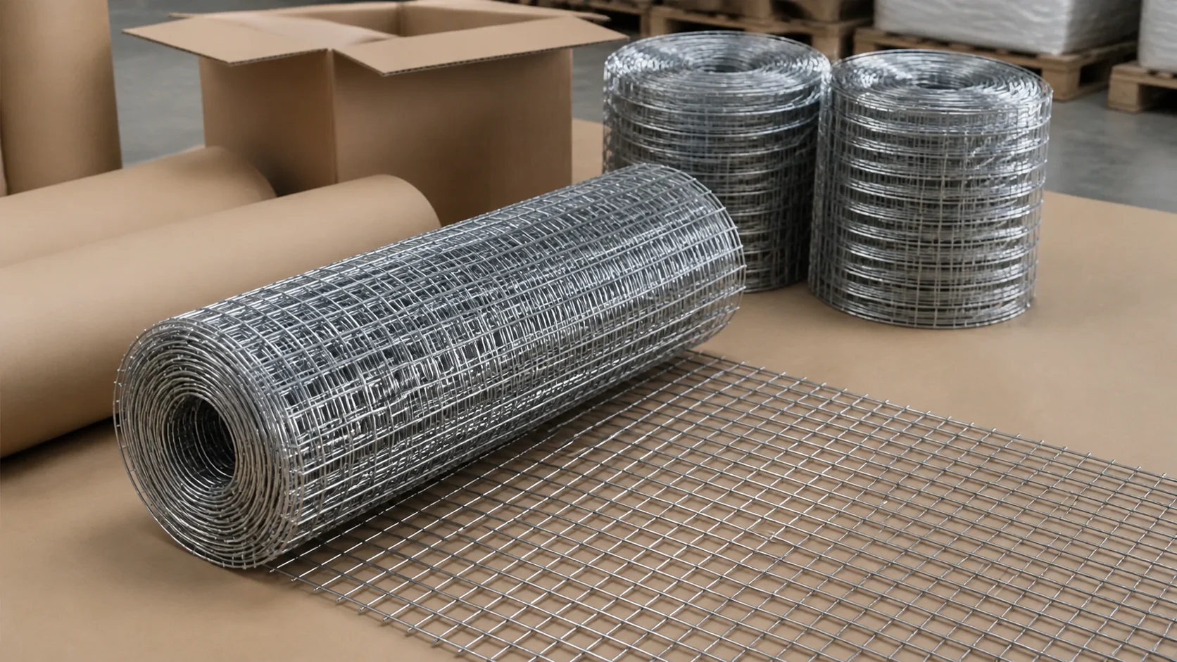 Galvanized wire mesh roll opened to show the square mesh grid beside protective wrap and plain export carton preparation