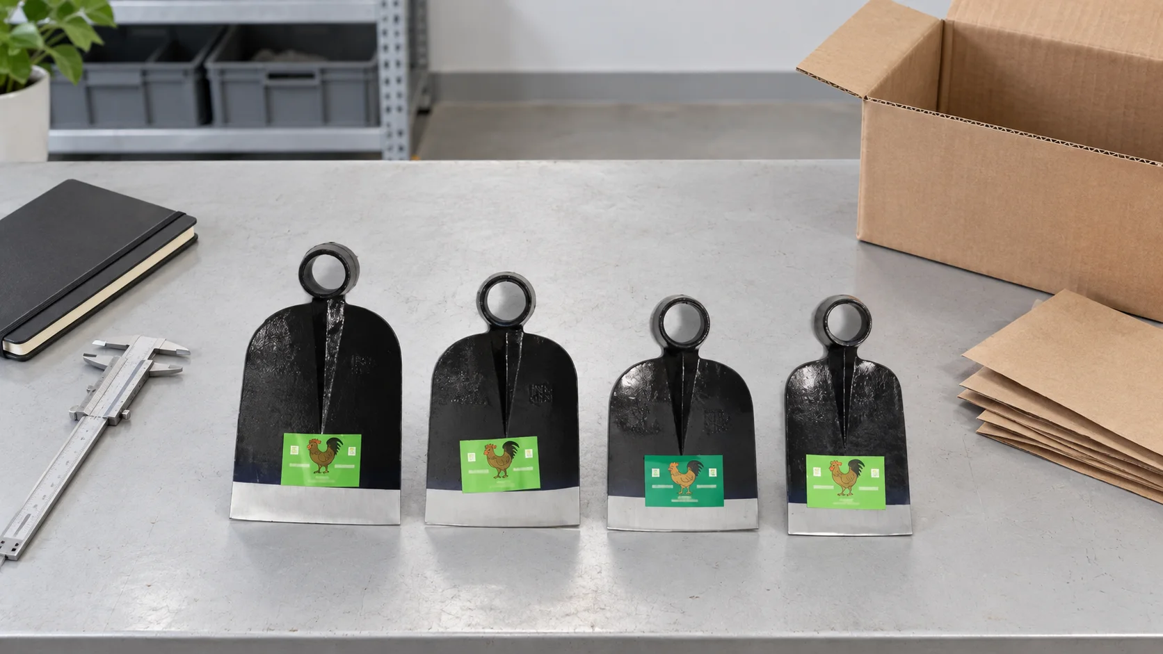 Reference-style black H305 steel hoe heads with round handle eyes and silver lower edges on a sample-selection workbench