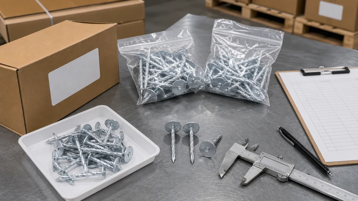 Galvanized umbrella head roofing nails prepared with inner bags, carton packing, and measurement tools for buyer review