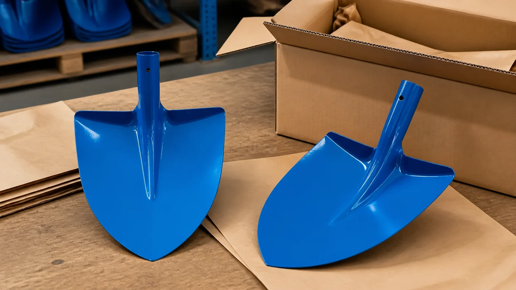 Two bright blue Shovel Blade S508 head-only products on a wooden QC table beside kraft paper protection and a plain export carton