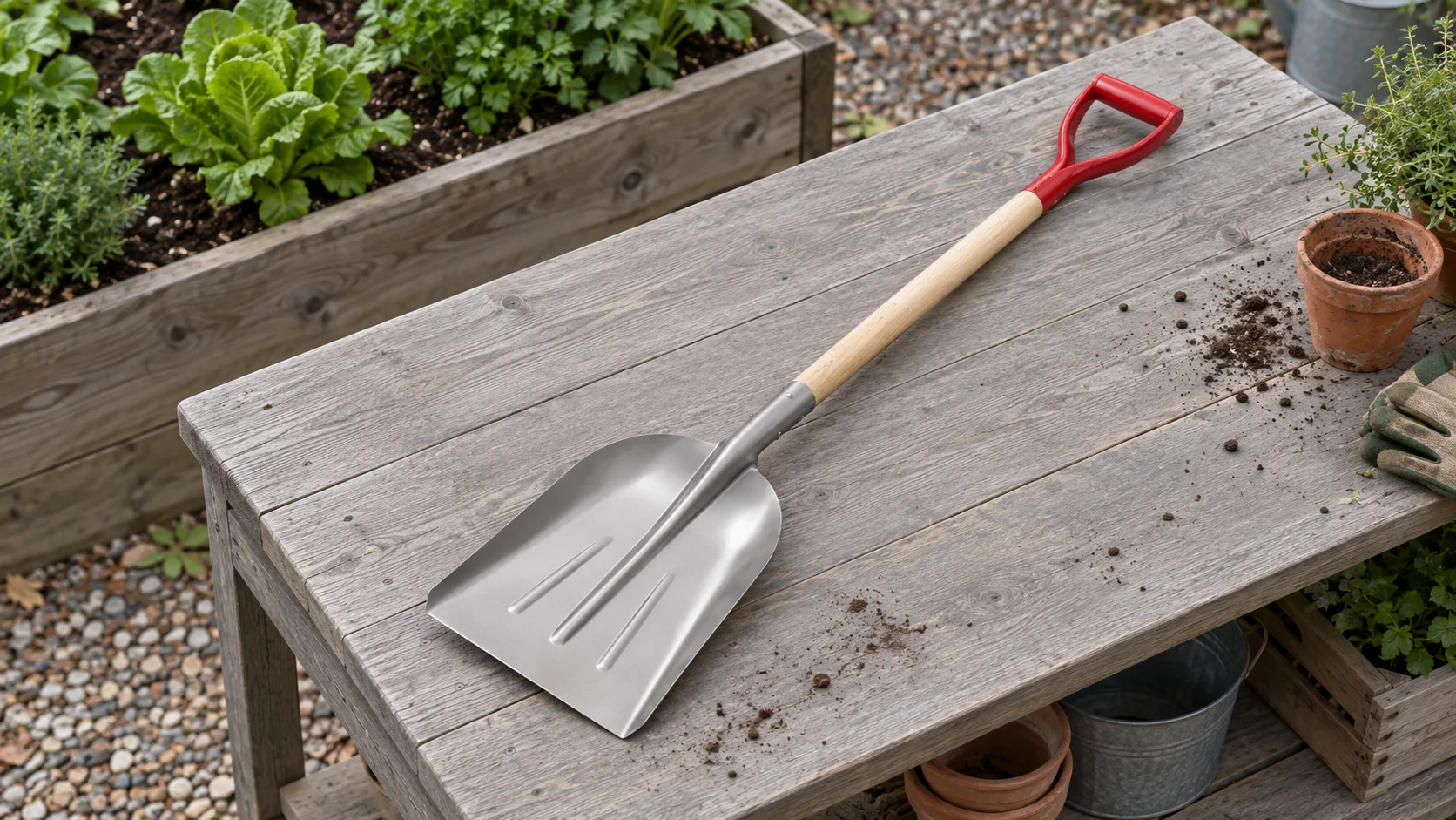 S502ALV reference-style shovel with red D-grip, wood shaft and silver scoop blade resting on a garden workbench