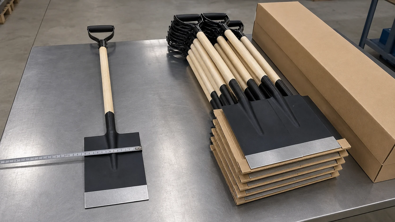 Black square S512WD shovels checked for blade width and packed with paper separators for export