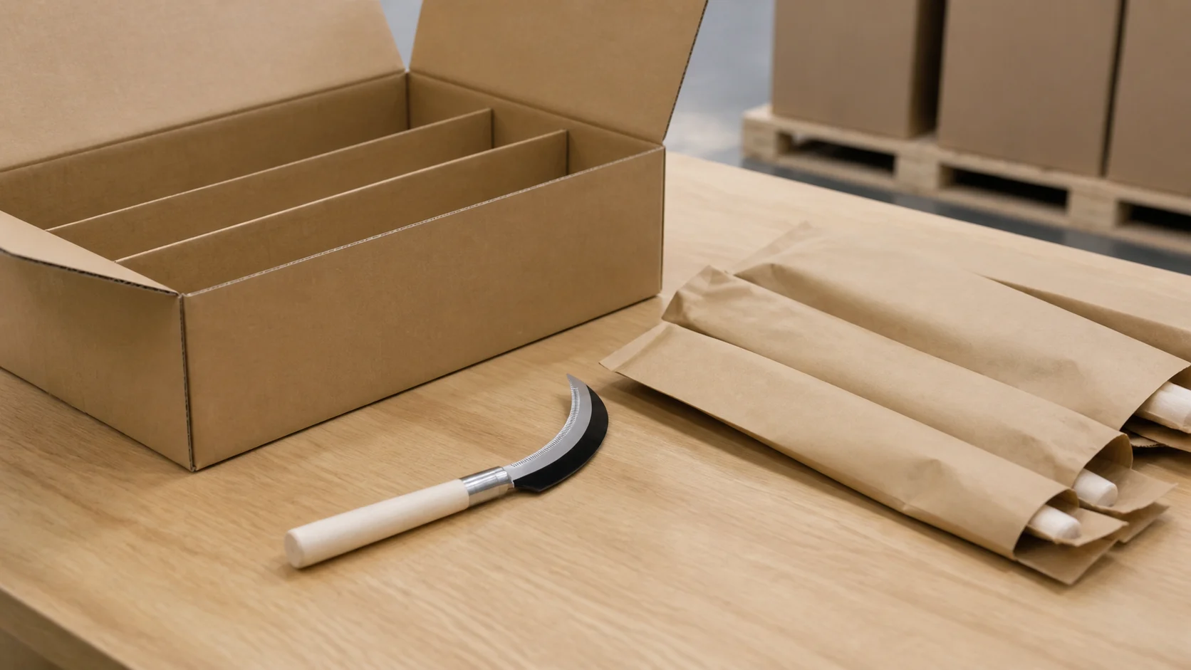 6.5-inch Japanese sickles with curved serrated blades protected in plain paper sleeves beside divided export carton packing