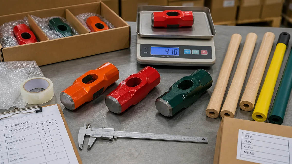 Painted sledge hammer heads checked with sample handles, scale, caliper, packing materials, and carton mark before export shipment