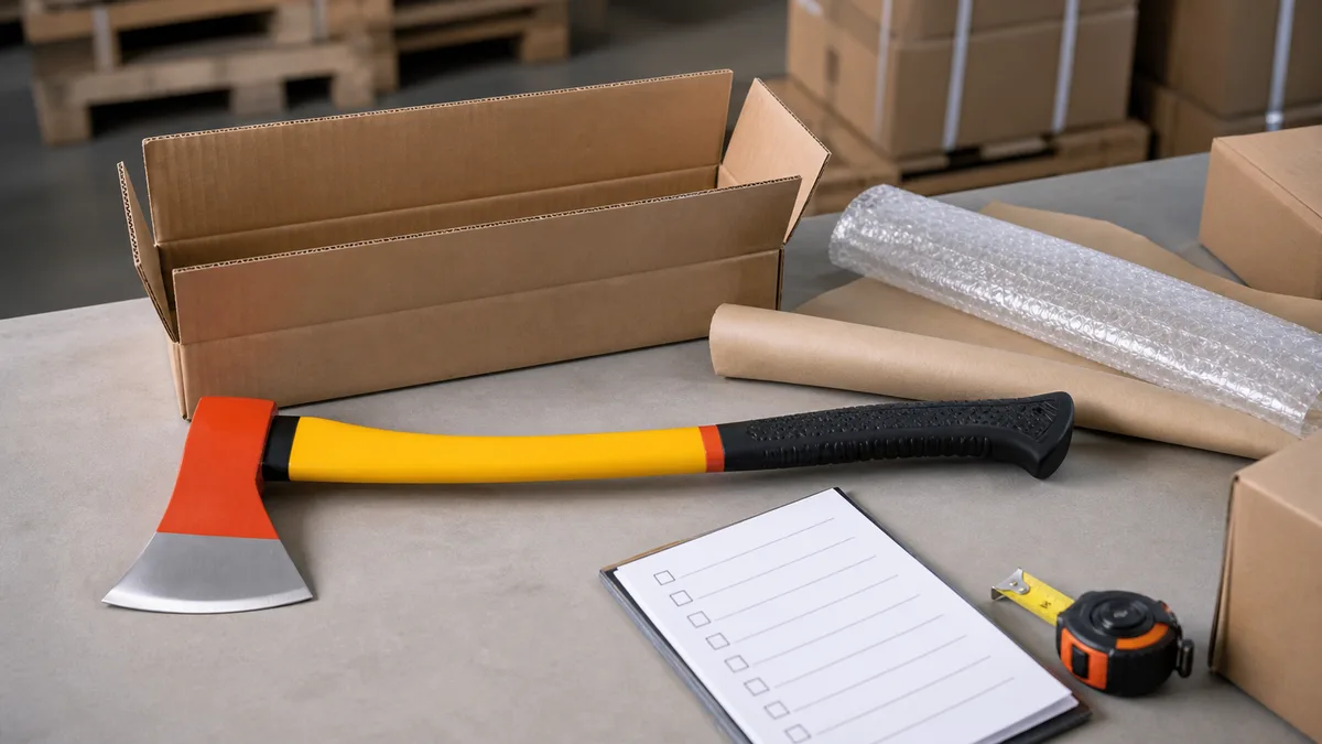 Fiberglass handle splitting axe prepared with export carton, protective packing, and inspection checklist