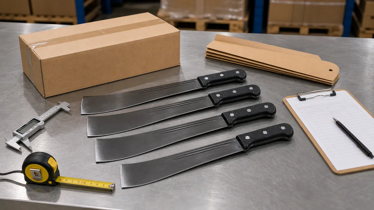 Steel Machete M120 samples checked with caliper, tape measure, paper sleeves, carton, and black three-rivet handles before export shipment