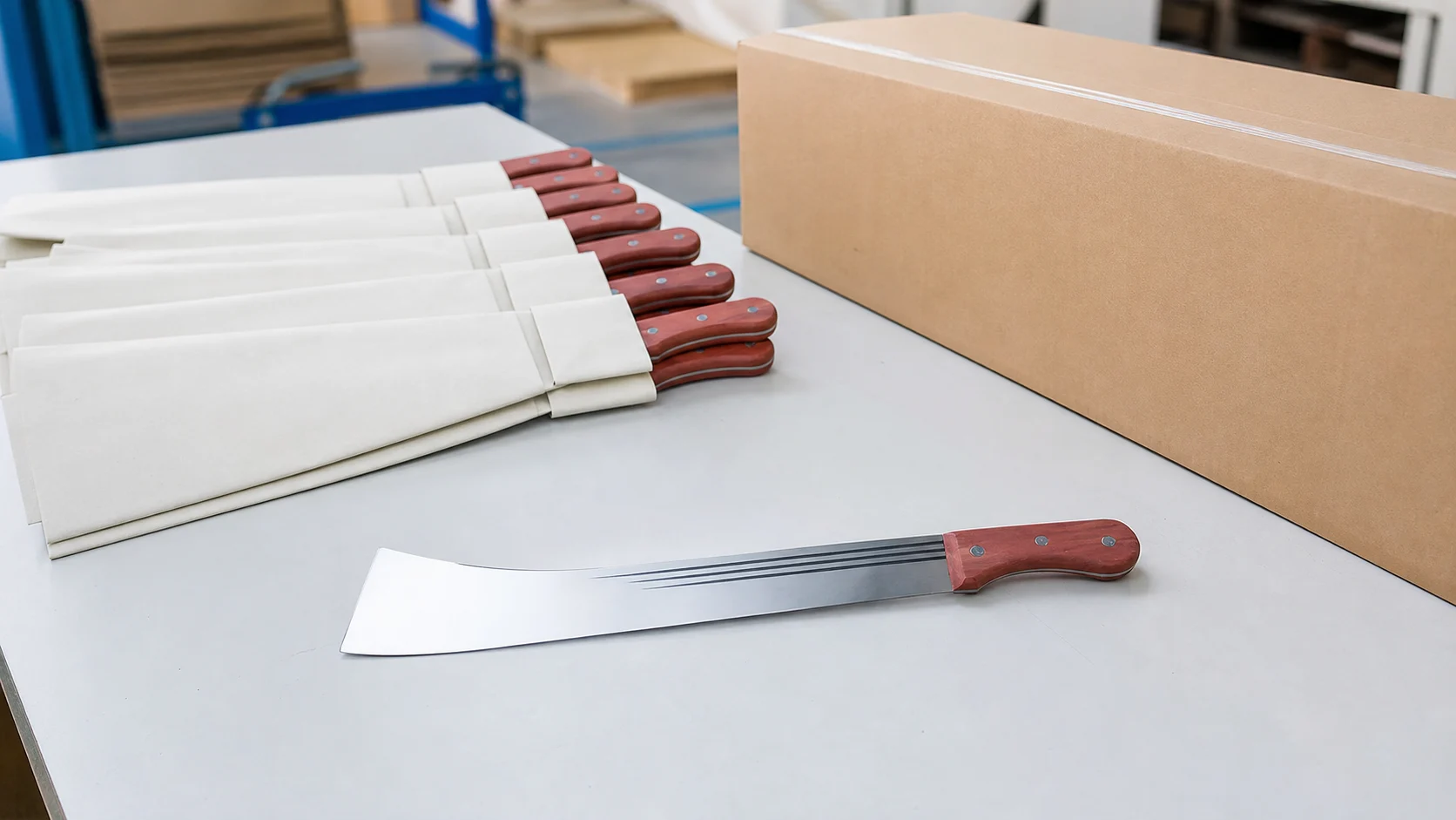 Steel Machete M206 with bright curved-tip blade and red-brown three-rivet handle protected in paper sleeves for export packing