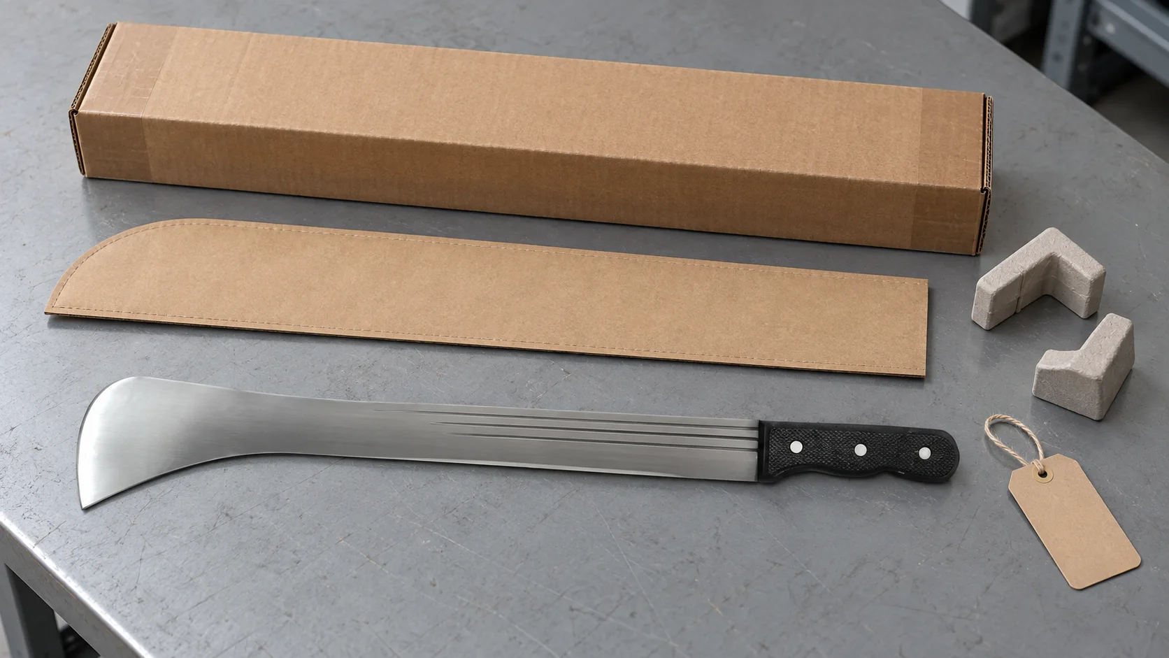 Reference-style Steel Machete M208 with silver widened-tip blade and black three-rivet handle beside a separate kraft sleeve and export carton