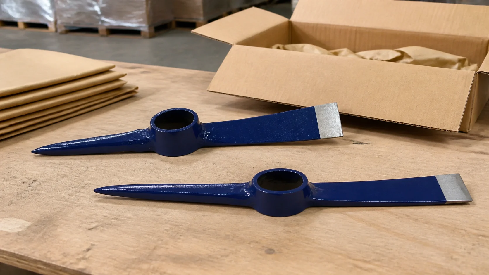 Two dark blue Steel Pickaxe P402 head-only products on a wooden QC table beside kraft paper protection and a plain export carton