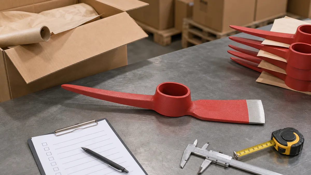 Steel Pickaxe P406 head prepared for QC measurement, carton packing, and export order confirmation