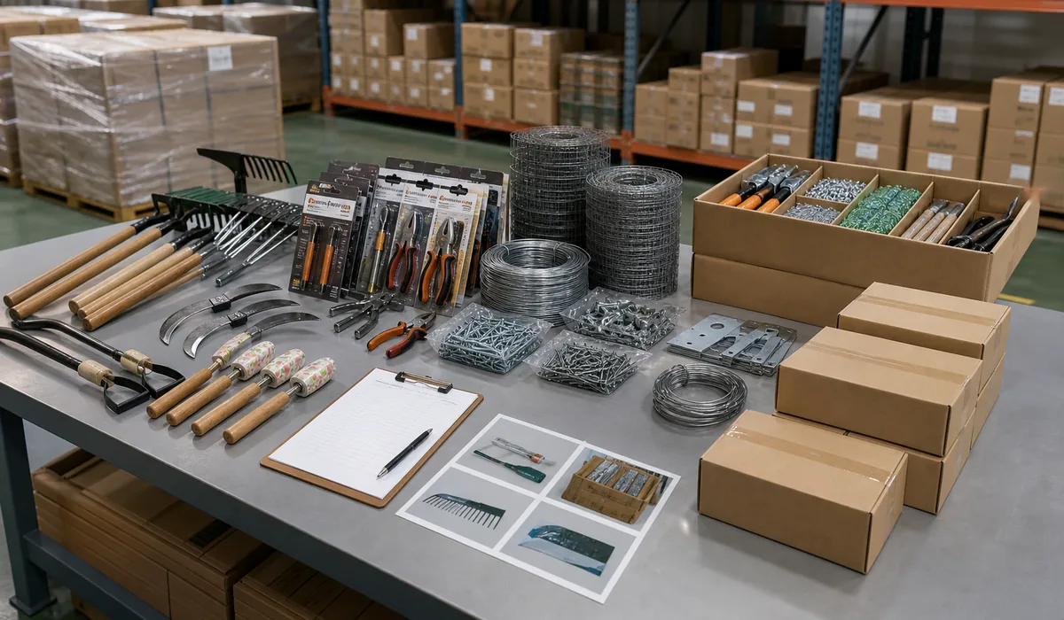 Hardware buyer programs arranged by farm tools, retail packing, building hardware, and mixed cartons