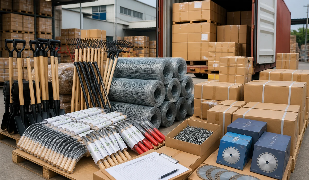 Mixed hardware tools grouped with cartons and container loading preparation